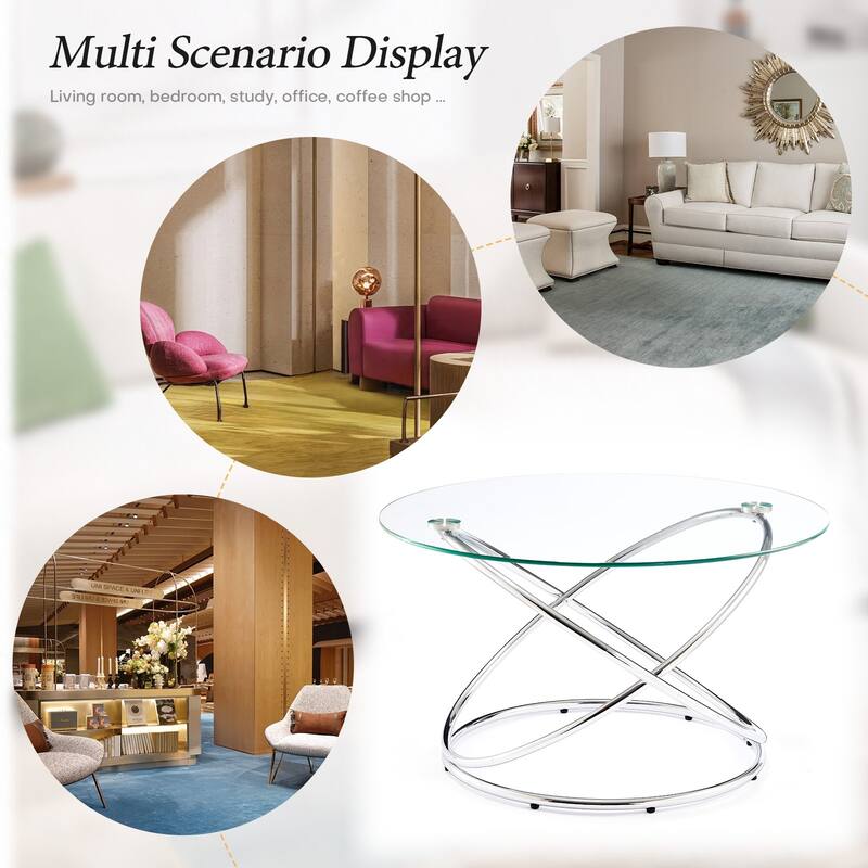 Tempered Glass Top Round Coffee Table with Metal Base - 31.5"Dia Top x 17.7"H x 23.6"Dia Base