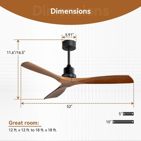 dimension image slide 22 of 29, Sofucor 42"/48"/ 52"/60"Noiseless Walnut Wood Ceiling Fan with Remote Control, Integrated Light Optional
