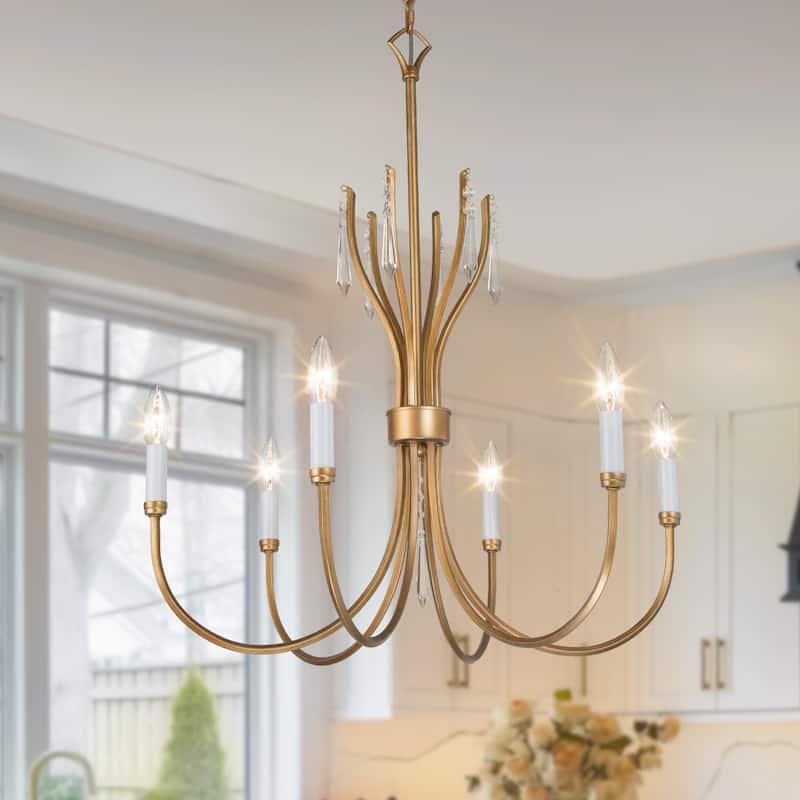 Modern Farmhouse Crystal 6-Light Chandelier Gold Wheel Light for Dining Living Room - Dia. 24" x H 21"
