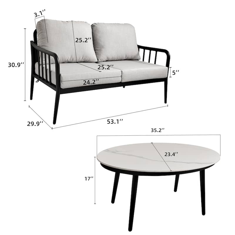 2-Piece Outdoor Loveseat & Table - Sunbrella Cushions, Carrara Stone-Look, Ember Black Frame - 29.9" D x 53.1" W x 30.9" H
