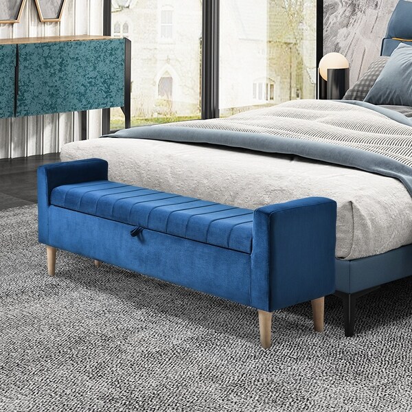 Versatile 48 Inch Storage Ottoman Bench Cushion Footstool for Bedroom Entryway with Hidden Storage Space Velvet Blue
