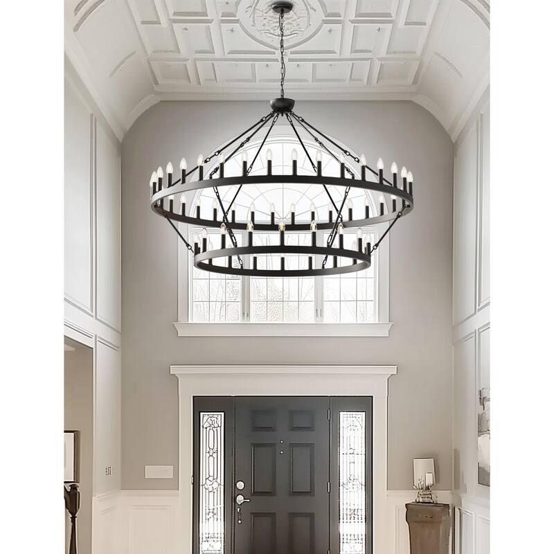 2 Tier Dining Room Light Fixture, Wagon Wheel Chandelier 47/60/70 inch Extra Large, Farmhouse Round Rustic Lighting