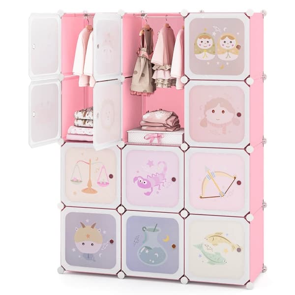 slide 2 of 21, Costway 12-Cube Kids Wardrobe Baby Dresser Bedroom Armoire Clothes Pink