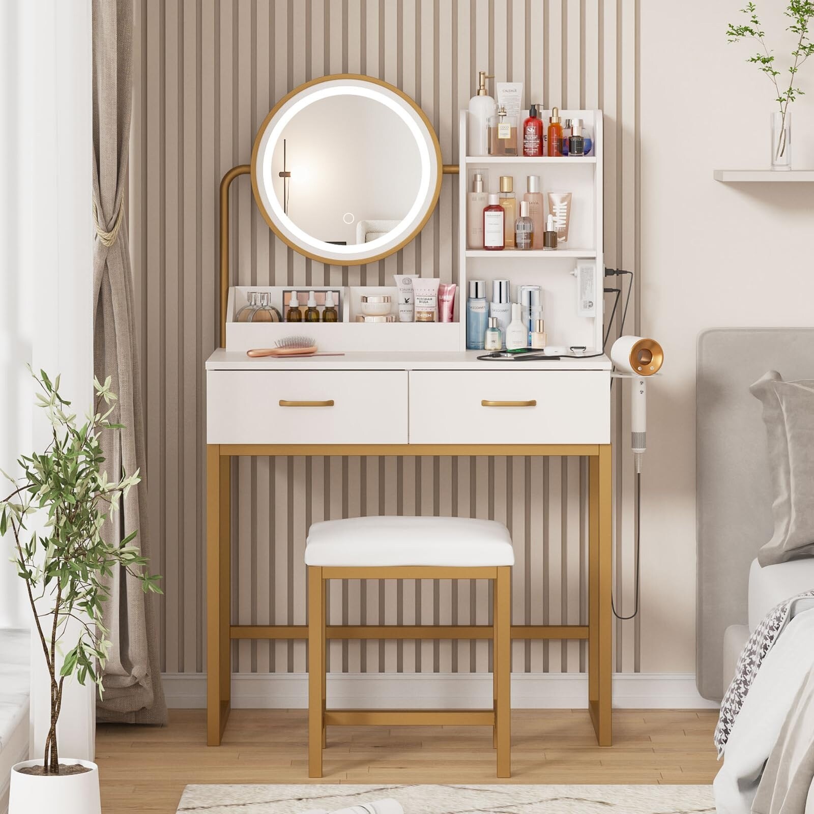 Makeup Vanity with Round Mirror Lights Vanity Makeup Table with Charging Station Small Vanity Table for Bedroom 3 Lighting On Sale Bed Bath Beyond 41072994