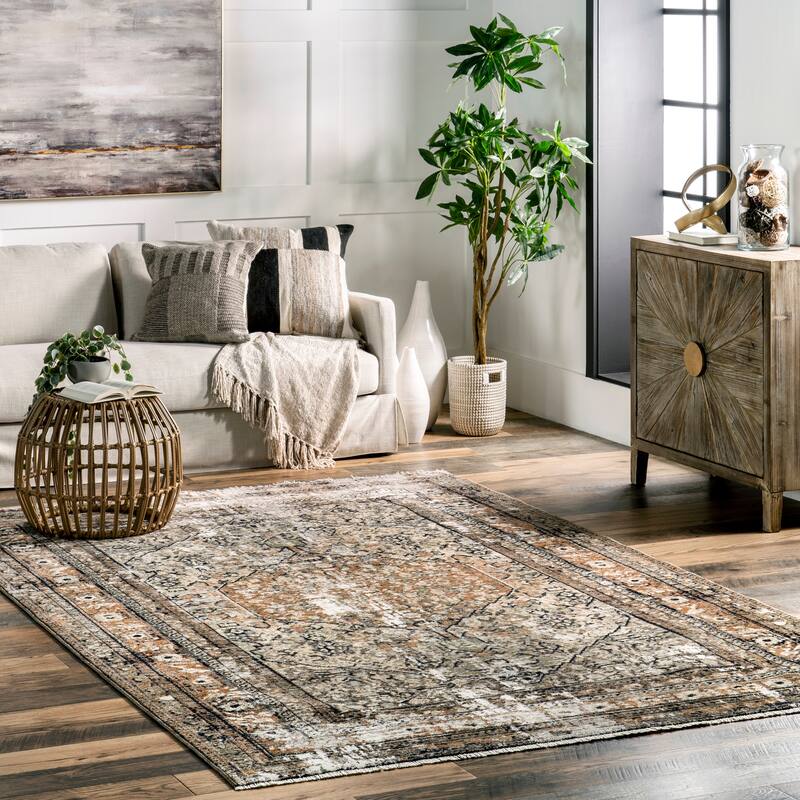Nuloom Charvi Distressed Medallion Fringe Area Rug - 6' 7" x 9' 8" - Beige - Rectangle