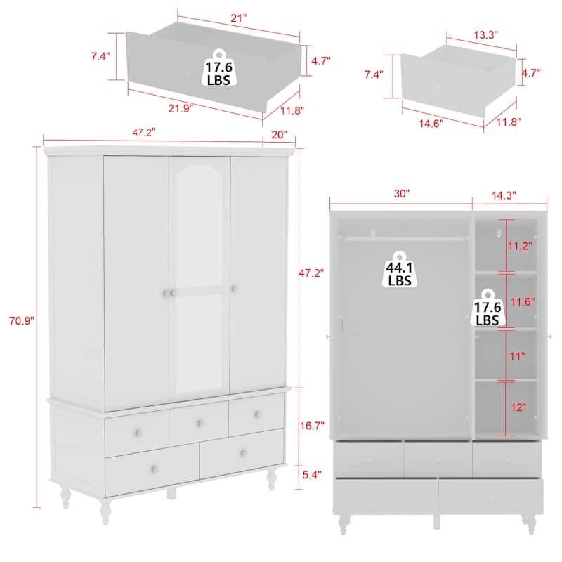 3-Door Wardrobe Armoire with Mirror, 70.9" Tall Freestanding Closet Cabinet Storage Wardrobe for Bedroom
