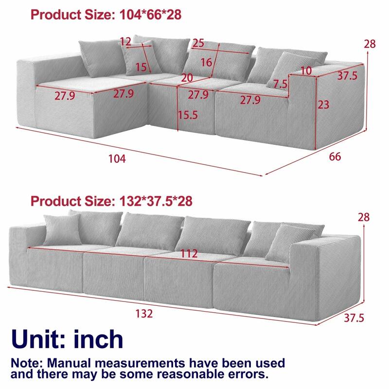 104" Corduroy Upholstered Modular L-shaped Sectional Sofa