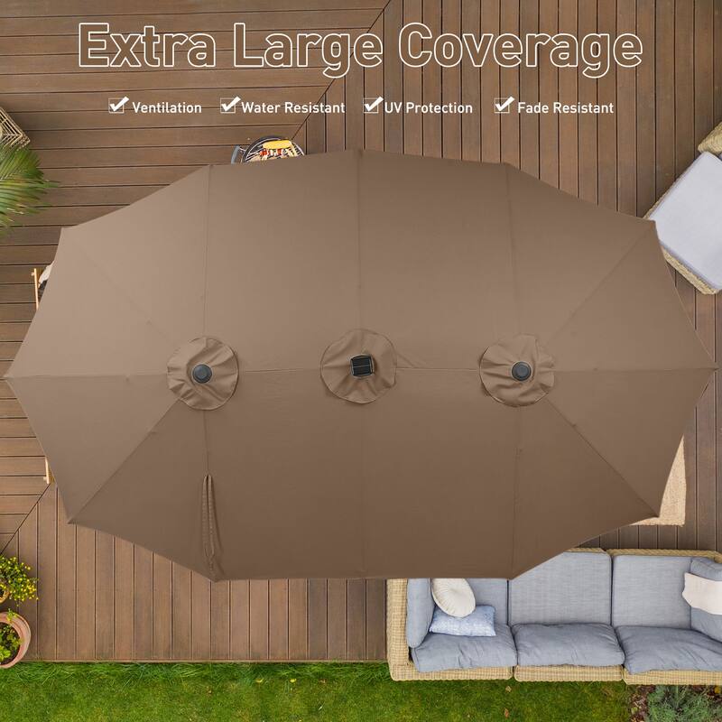 15ft Patio Umbrella Outdoor Market Umbrella with Base and LED Lights