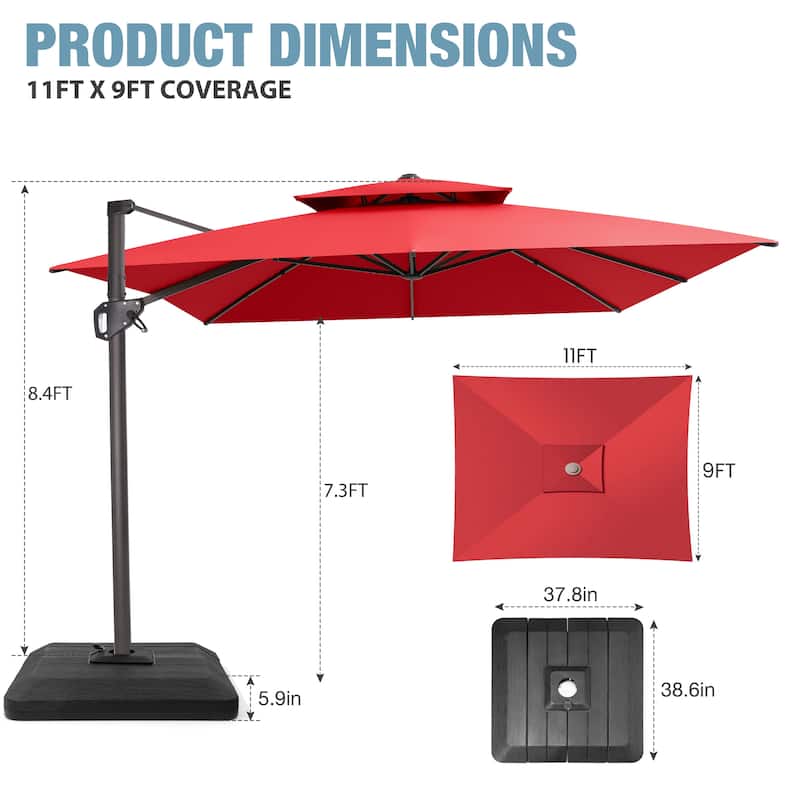 VredHom Patio Outdoor 9 x 11 FT Cantilever-Offset Umbrella with Premium Weight Base