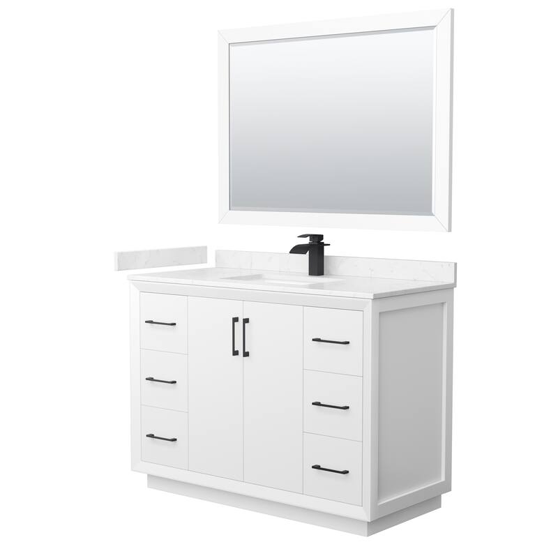 Strada 48-Inch Single Vanity Set, Cultured Marble Top, 46-Inch Mirror - White, Black Trim, Carrara Cultured Marble Top