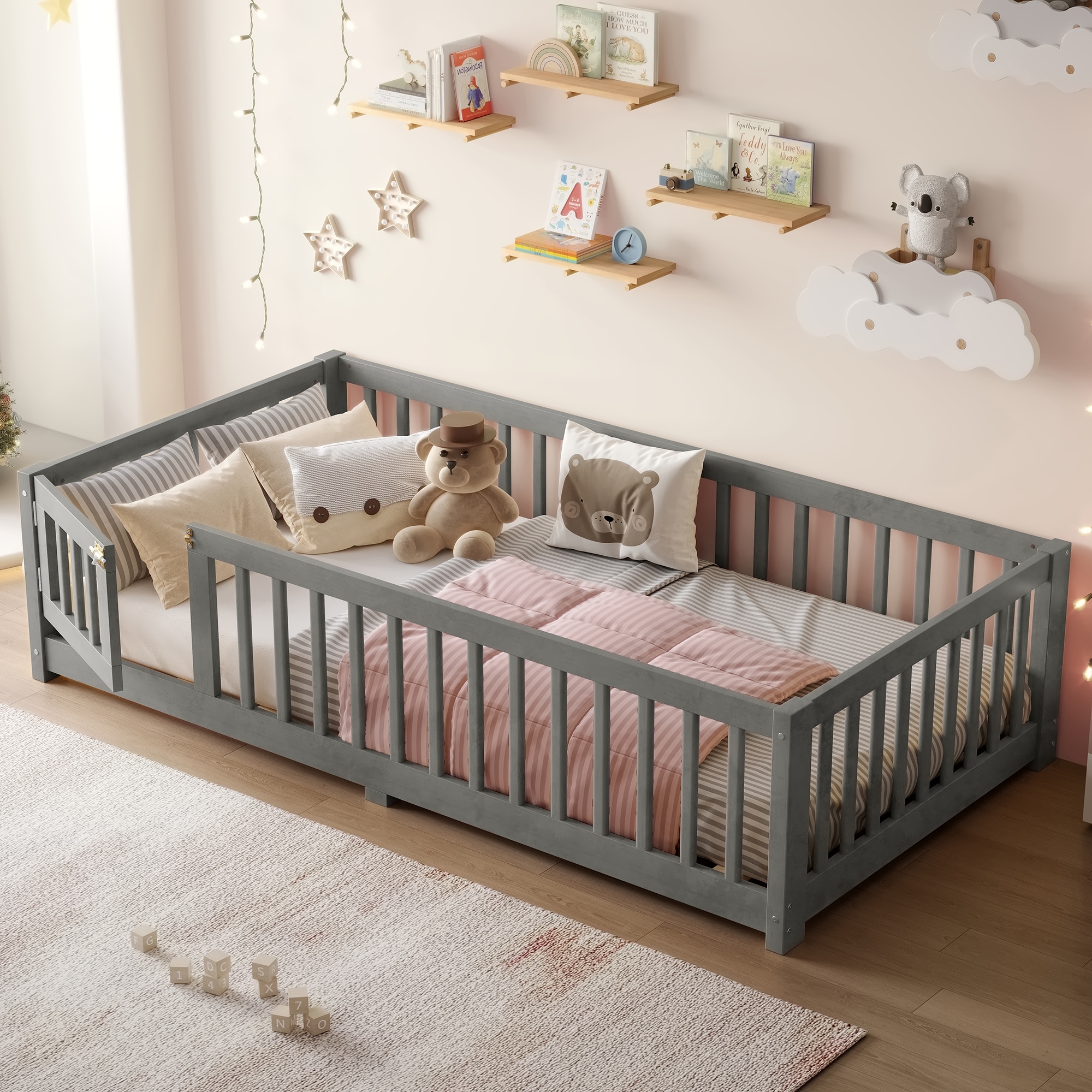 Gray Twin Size Floor Platform Bed Frame with Wood Legs