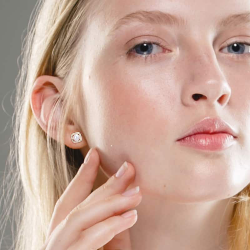 Miadora 6-6.5 mm Cultured Freshwater Pearl and 3/8 CT TGW Created White Sapphire Halo Earrings in 10k Yellow Gold