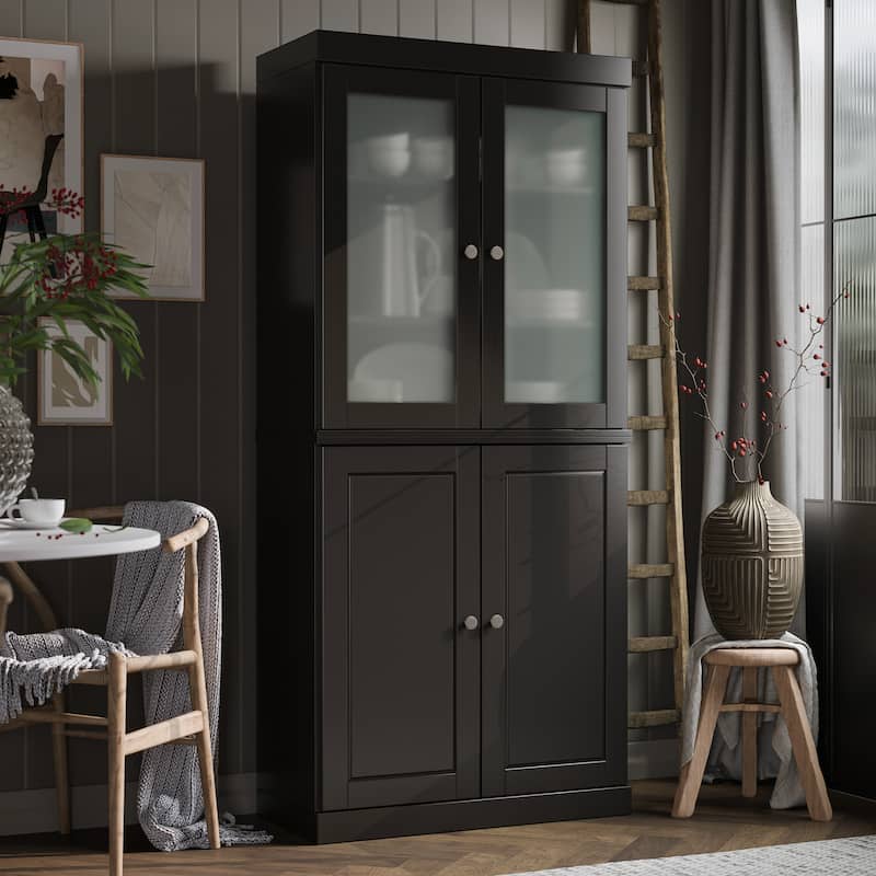 Palace Imports 100% Solid Wood Pantry Cabinet with Frosted, Clear Glass or Solid Doors and Adjustable Shelves - Black - Frosted Glass-Solid