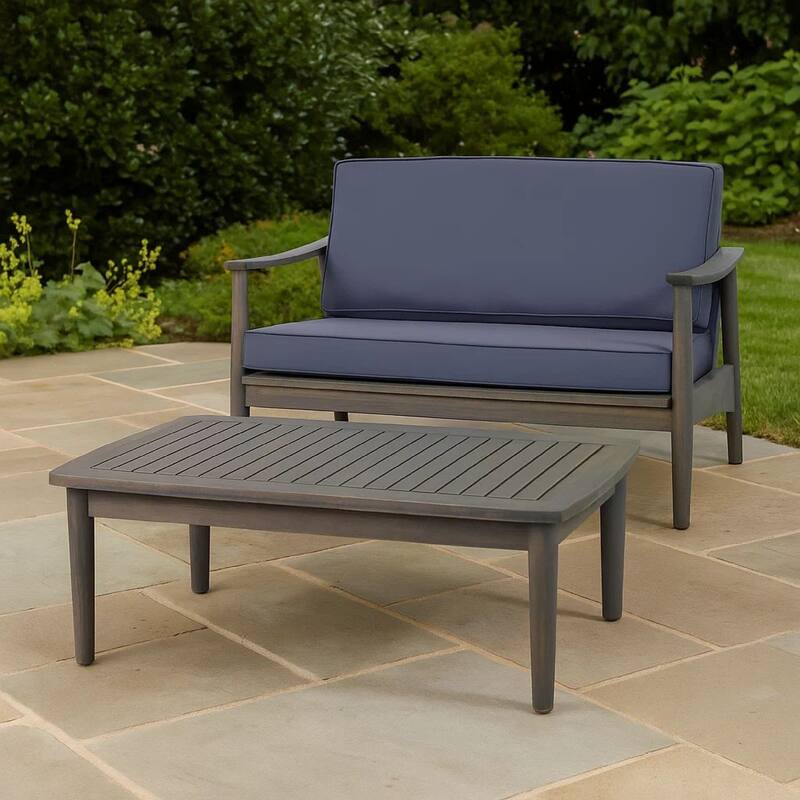 Roxy 2pc Outdoor Loveseat and Coffee Table Set, Acacia Wood, Dark Gray