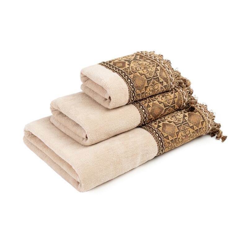 Sherry Kline Taj Mahal Brown 3-piece Decorative Towel Set, Jacquard Fabric Band, onion fringe trim, 1 Bath, Hand & tip Towel