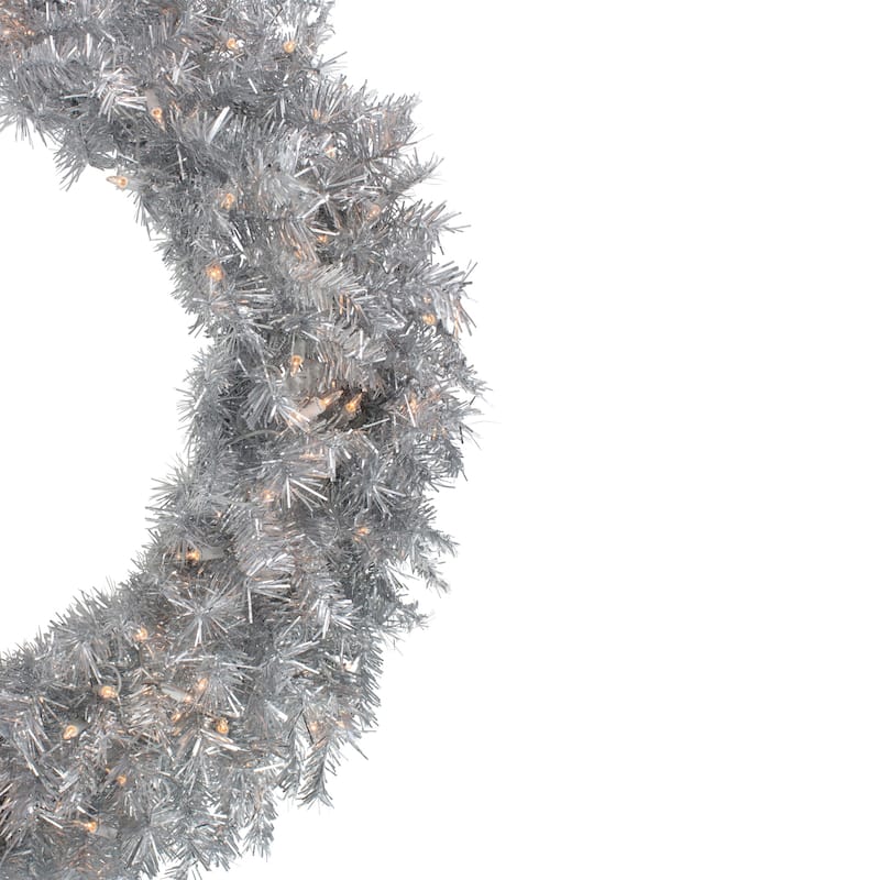 36" Pre-Lit Silver Tinsel Artificial Christmas Wreath Clear Lights