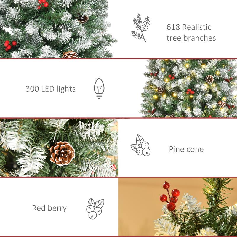 Snow-Flocked Artificial Christmas Tree with LED Lights, Pine Cones & Red Berries, 6ft, 7.5ft, 9ft