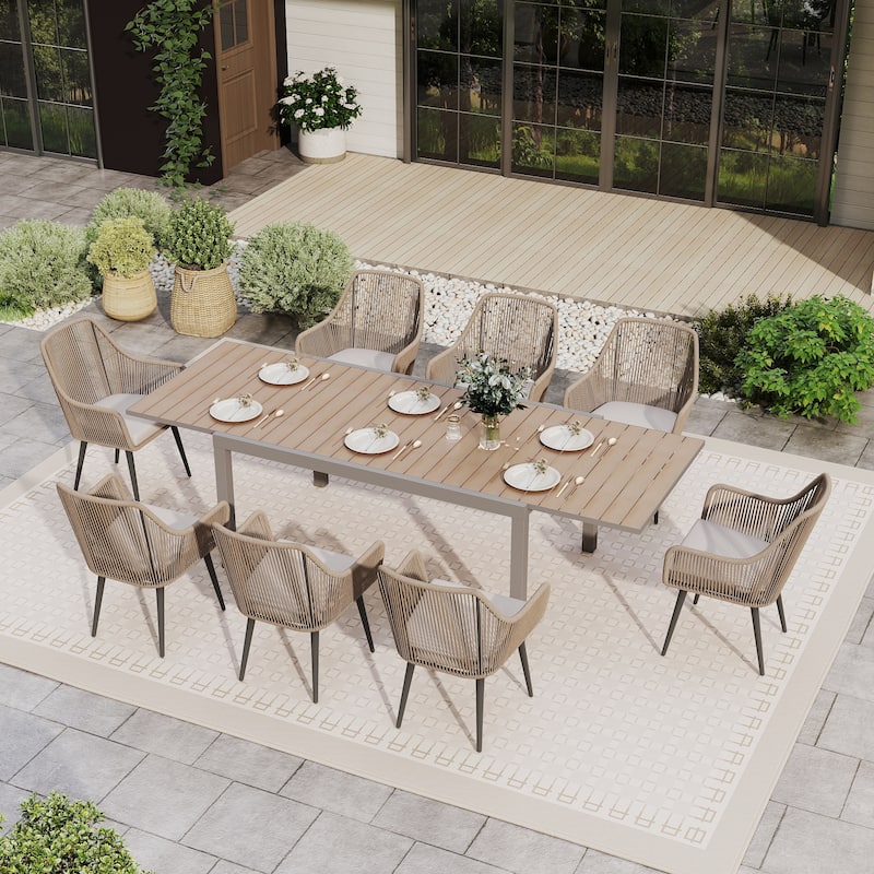 9-Piece Expandable Aluminum Patio Dining Set with PE Twisted Rattan Chairs & Polyester Cushions - Wood Finish