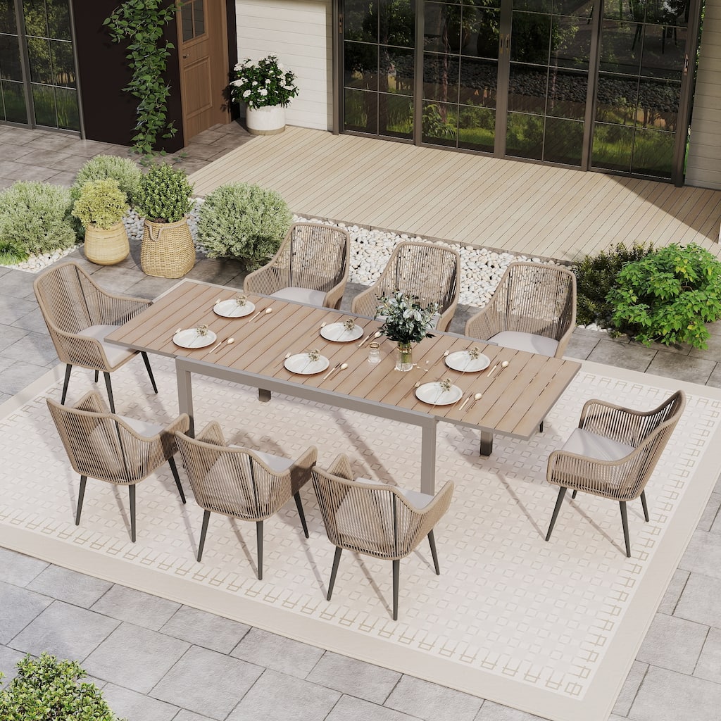 9-Piece Expandable Aluminum Patio Dining Set with PE Twisted Rattan Chairs & Polyester Cushions