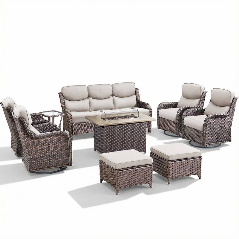 Pocassy Outdoor Fire Pit Sofa Swivel Chairs Ottoman Furniture Set