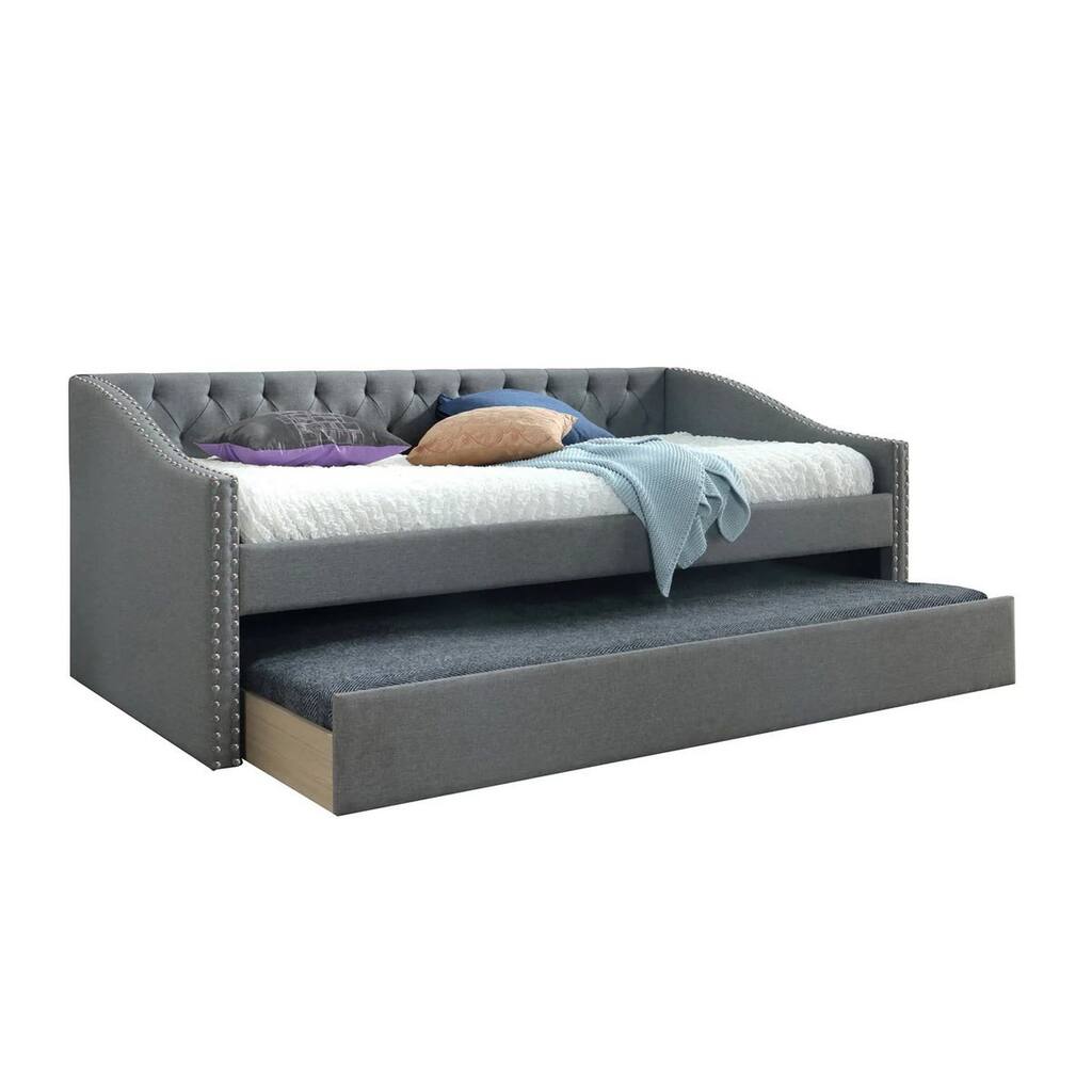 Trundle Daybed, Soft Tufted Gray Fabric Upholstery, Nailhead Design