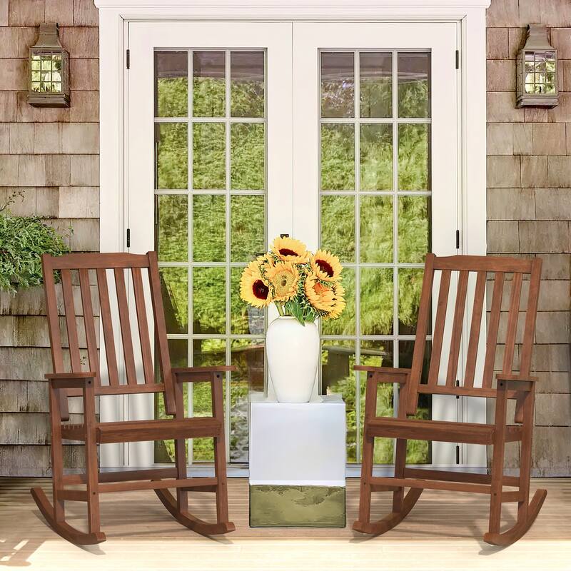 Acacia Wood Outdoor Rocking Chair, Traditional Porch Outdoor Rocker Chairs Set of 2 - 43" H