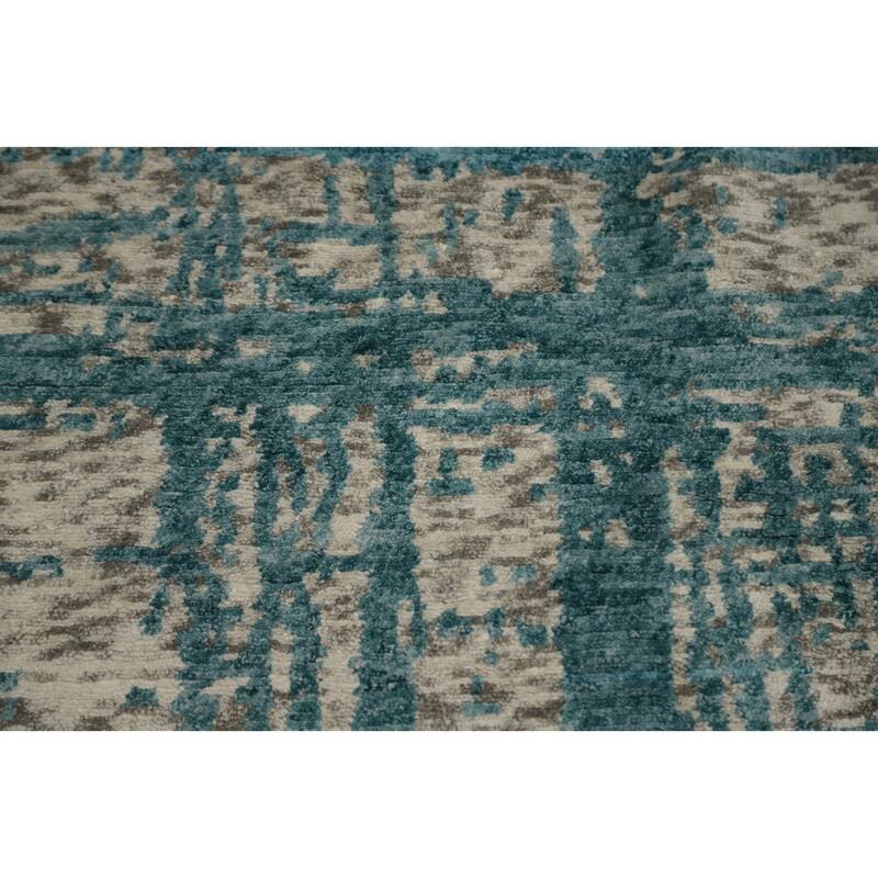 Hand Knotted Oriental Wool & Silk Carpet Modern Abstract Navy Blue & Blues Nepalese Area Rug - 10' 2'' X 6' 3''