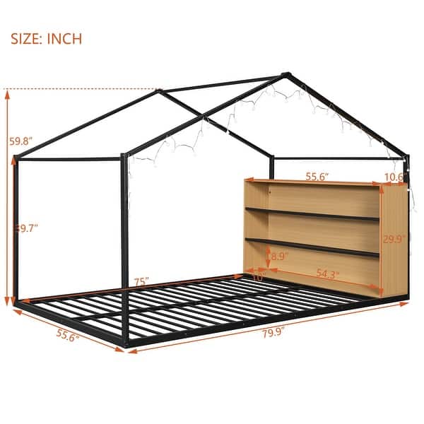 Black Full Size Metal Wood House Bed Frame with Shelves and Lights for Kids, Boys and Girls