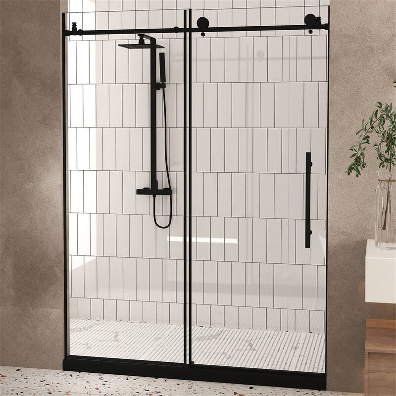 60"W x 76" H Frameless Shower Door with 1/4 "Tempered Glass,Handle - Matte Black