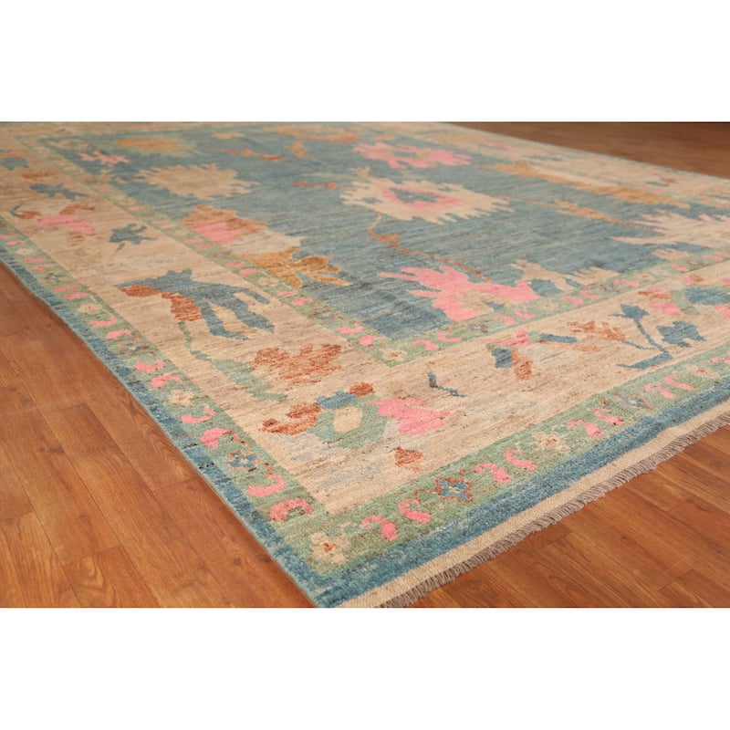 Vegetable Dye Blue Oushak Turkish Large Rug Hand-Knotted Wool Carpet - 10'5" x 14'0" - 10'5" x 14'0" - Blue