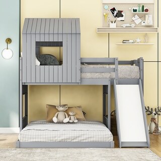 Twin-Full Playhouse Bunk Bed wFarmhouse, Slide, Windows, Ladder - Grey