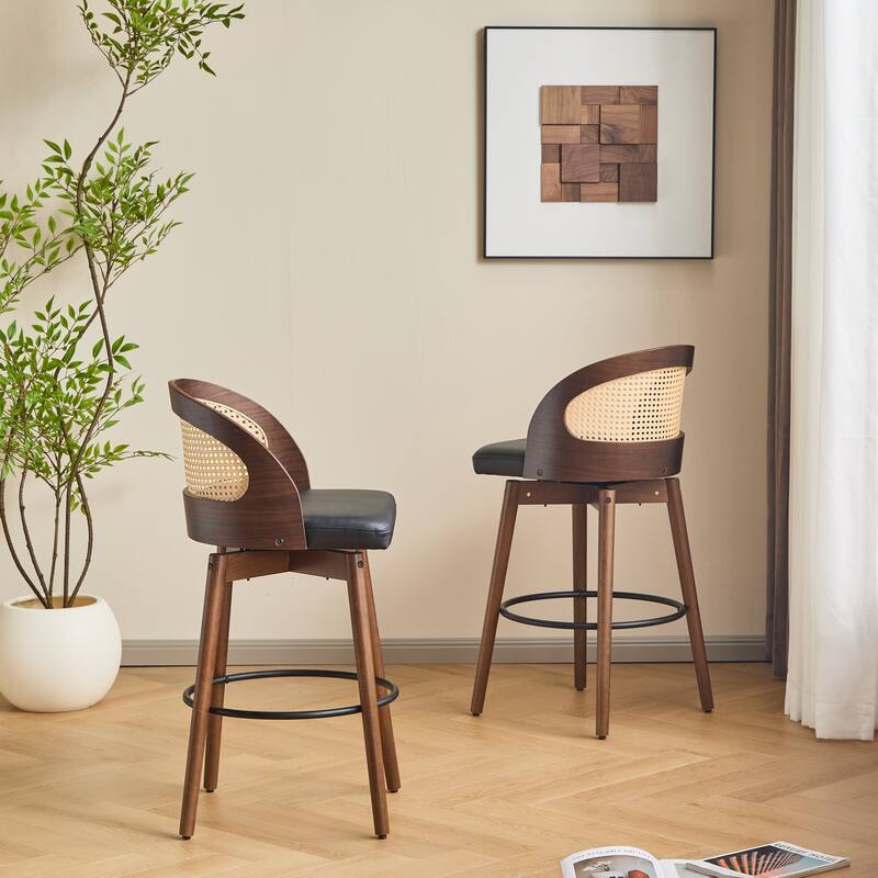 Roomfitters Como Indoor Wood Barstools with Rattan Back, PU Seat Set of 2 - Set of 2 - Black + Dark Walnut