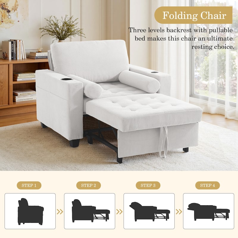 3-in-1 Corduroy Sleeper Sofa Pull-Out Bed Convertible Adjustable Loveseat with USB Port