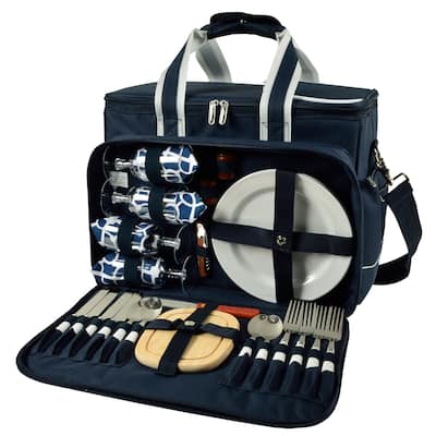 Picnic at Ascot- Ultimate Insulated Picnic Cooler Bag with Service for 4 - Navy w/ Trellis Blue