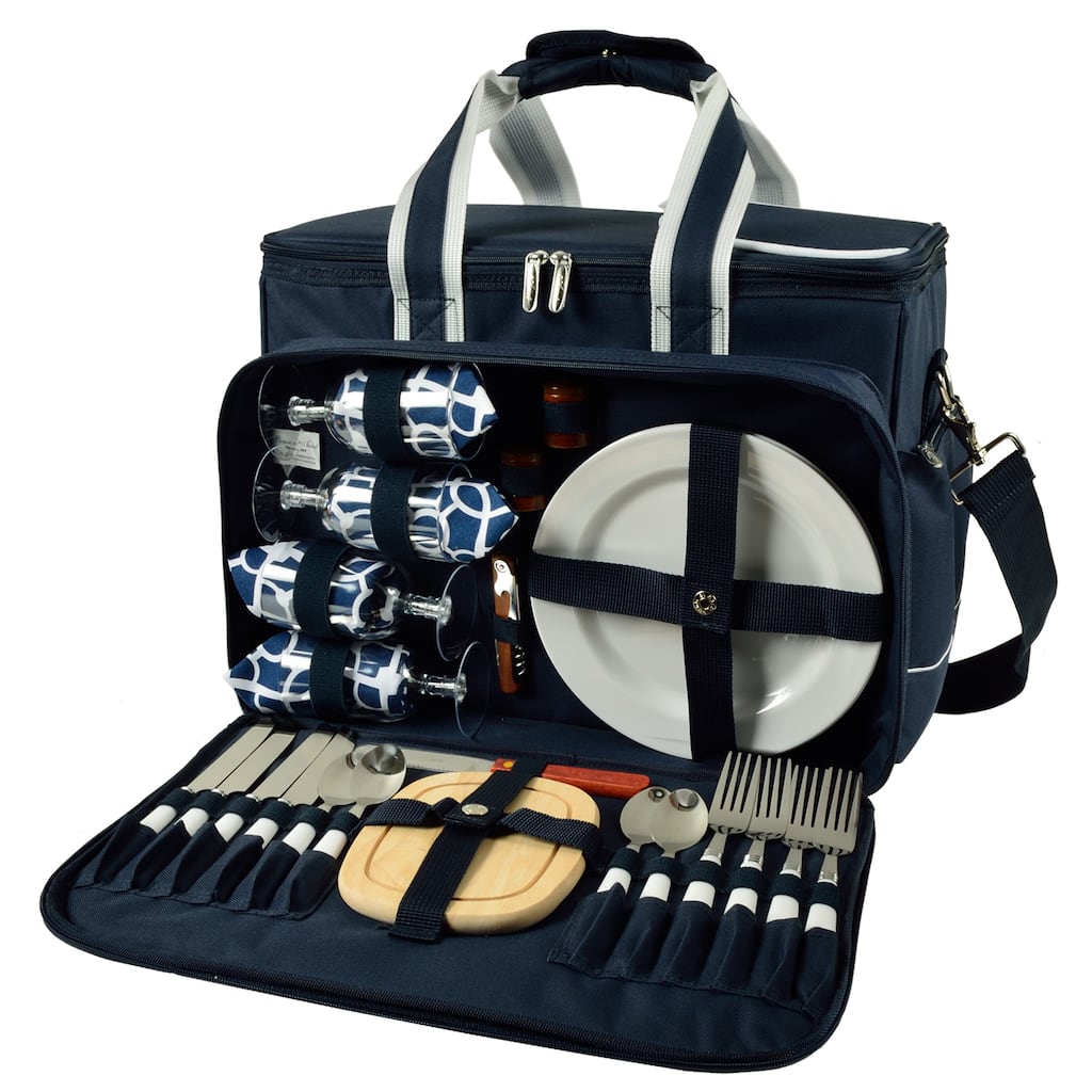 Picnic at Ascot- Ultimate Insulated Picnic Cooler Bag with Service for 4 - Navy w/ Trellis Blue