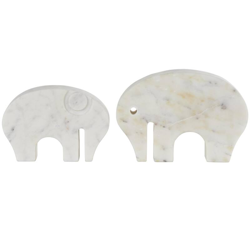 White Marble Rounded Abstract Elephant Decorative Sculpture with Gray Marble Veins and Cutouts (Set of 2)