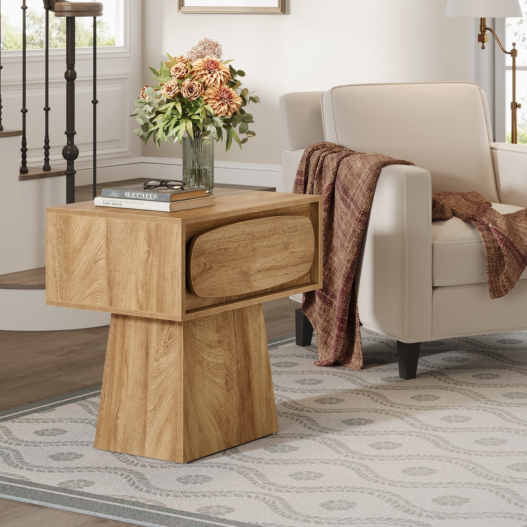 End Table with Drawer Storage, Side Stand for Living Room, Bedroom, Rustic Natural