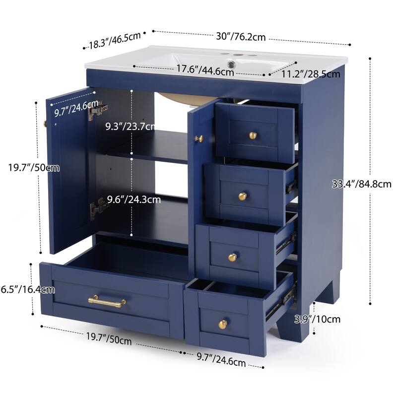 30" Bathroom Vanity with Ceramic Sink Solid Wood Frame Soft Close Drawers and Adjustable Storage Shelves