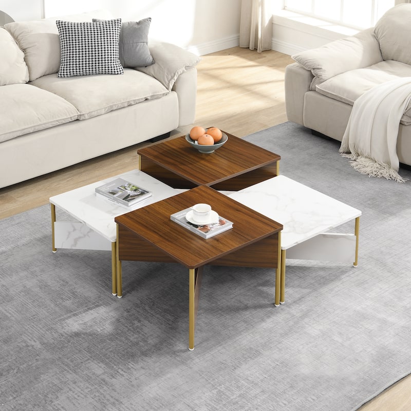 Modern Nesting Coffee Tables Set of 4 -Mid Square Living Room Table, Free Adjustable Shape,Versatile and Accent Furniture - White+Walnut