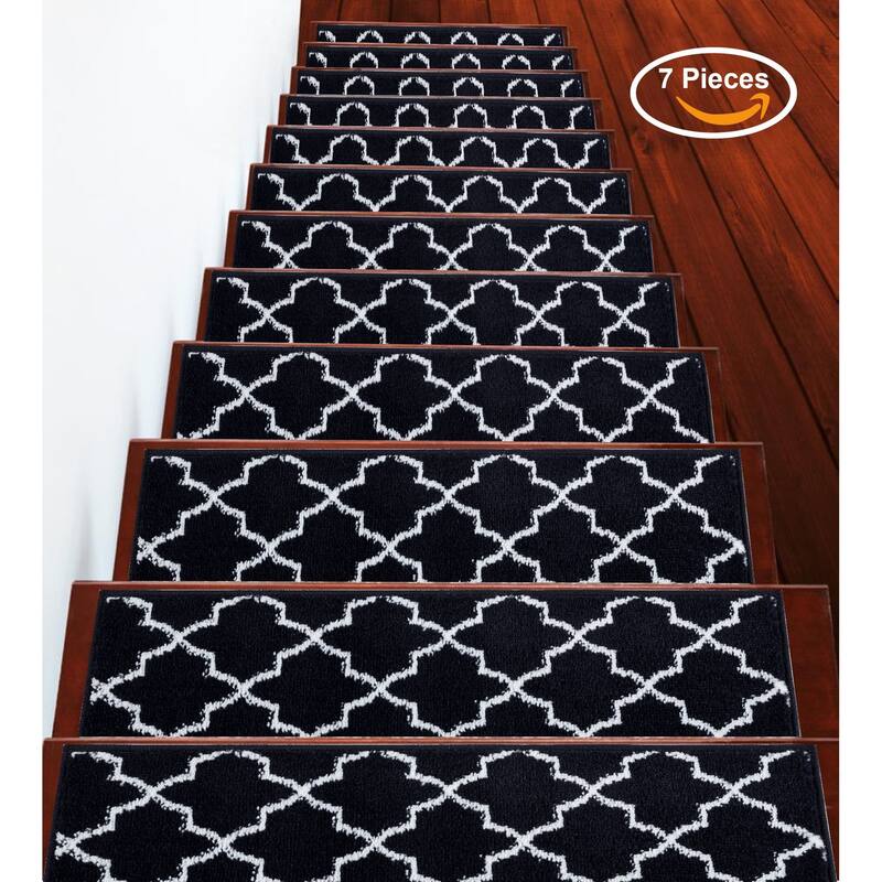 SUSSEXHOME Geometric Stair Treads with Easy to Install Double Adhesive Tape 9" x 28" - 7-PACK - Navy
