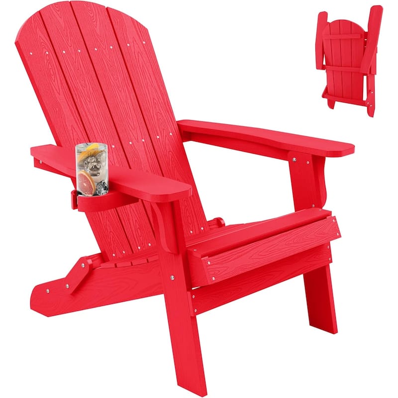 WINSOON All Weather HIPS Oversized Folding Adirondack Chair with Cup Holder - Red