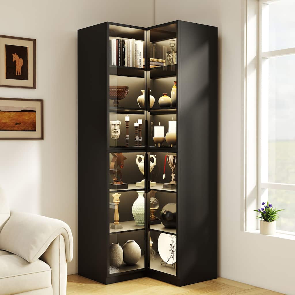 Tall Bookcase with LED Light, Modern 6-Tier Bookshelf Display Cabinet with Glass Door