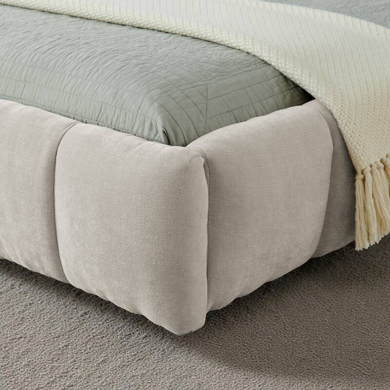 King Upholstered Platform Bed Frame with Thick Chenille Fabric, Grounded Modern Bed with Headboard, No Box Spring Needed