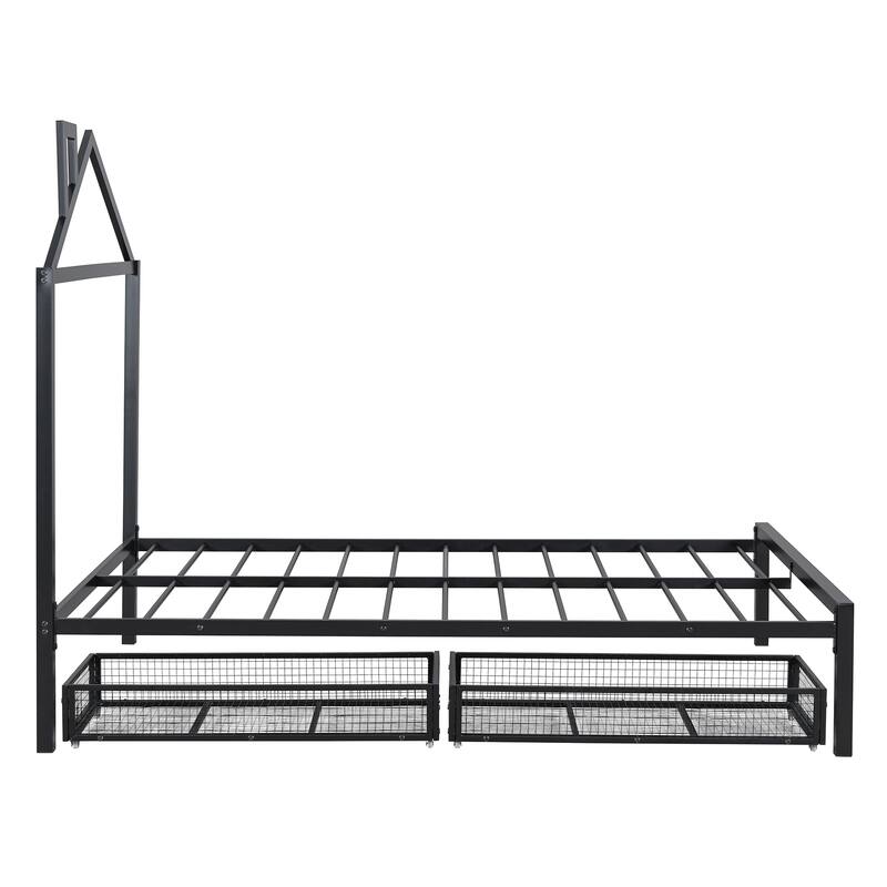 Full Size Metal Platform Bed with Two Drawers and House-Shaped Headboard