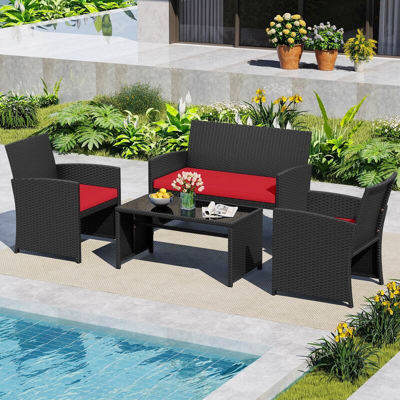 Costway 4 PCS Patio Conversation Set with Seat Cushions & Tempered - See Details - Red+Black