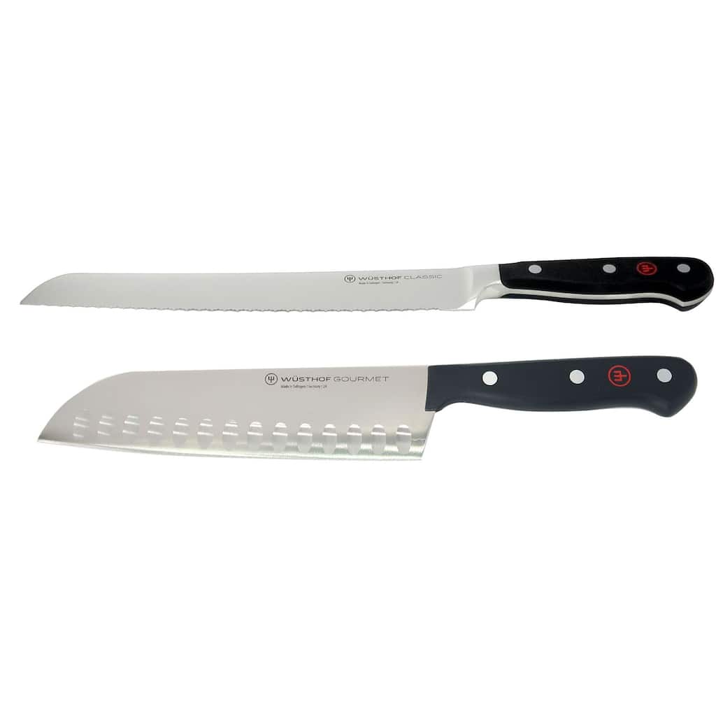 Wusthof Classic 9" Bread Knife, Silver + Wusthof Gourmet 7" Hollow Edge Santoku Knife, Black