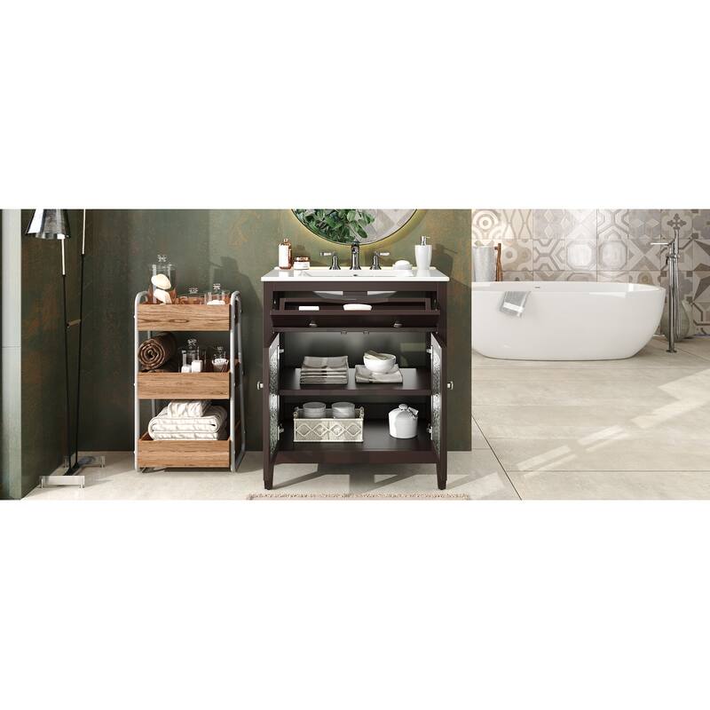Bathroom Vanity with Ceramic Sink, Bathroom Cabinet with Tip-Out Tray, 2 Textured Glass Doors & Adjustable Shelf