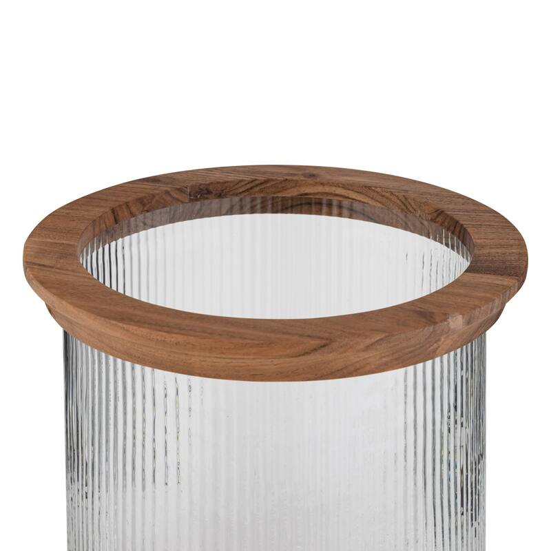 Fluted Glass Candle Lantern with Acacia Wood Base - 15"