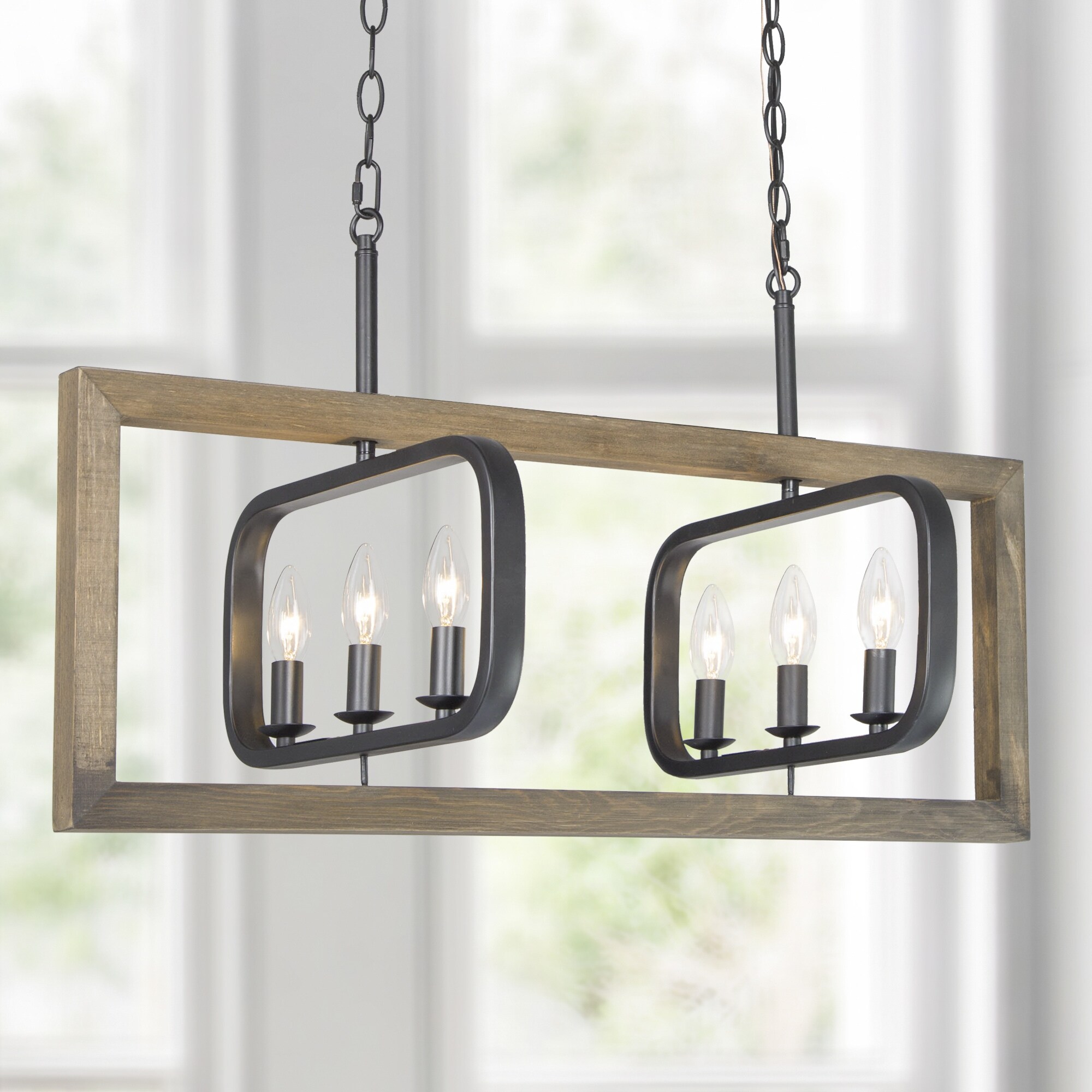 Shop Modern Farmhouse Chandelier 6 Light Black Metal Wood Rectangle Pendant Lighting For Kitchen Island L31 X W13 5 X H14 5 Overstock 32312745