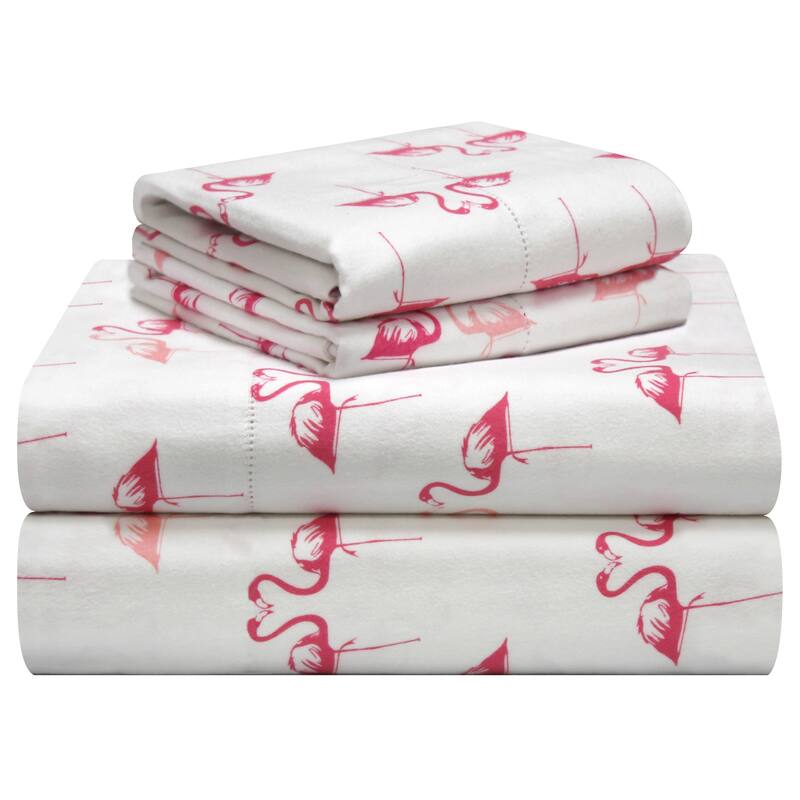Pointehaven Printed Cotton Flannel Hemstitch Deep Pocket Bed Sheet Set - Full - Flamingos